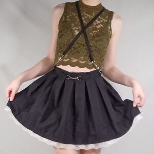 Cotton Mini Skirt W/ Straps and Lace Detail